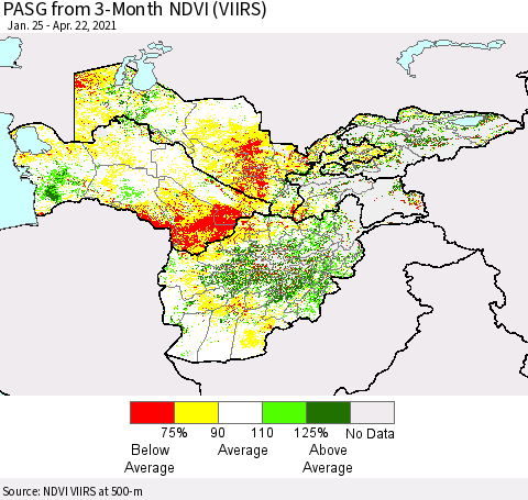 Central Asia PASG from 3-Month NDVI (VIIRS) Thematic Map For 4/15/2021 - 4/22/2021