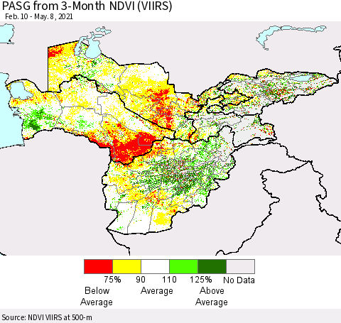 Central Asia PASG from 3-Month NDVI (VIIRS) Thematic Map For 5/1/2021 - 5/8/2021