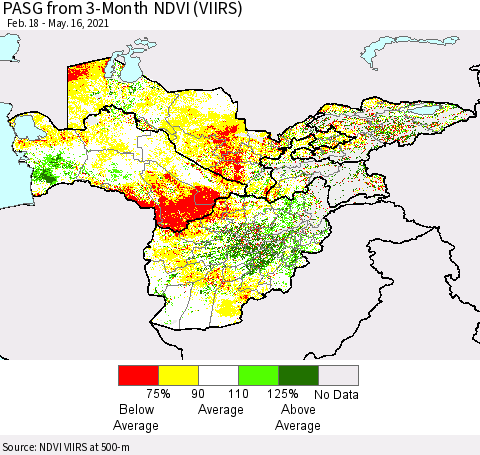 Central Asia PASG from 3-Month NDVI (VIIRS) Thematic Map For 5/9/2021 - 5/16/2021