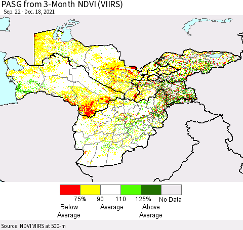 Central Asia PASG from 3-Month NDVI (VIIRS) Thematic Map For 12/11/2021 - 12/18/2021