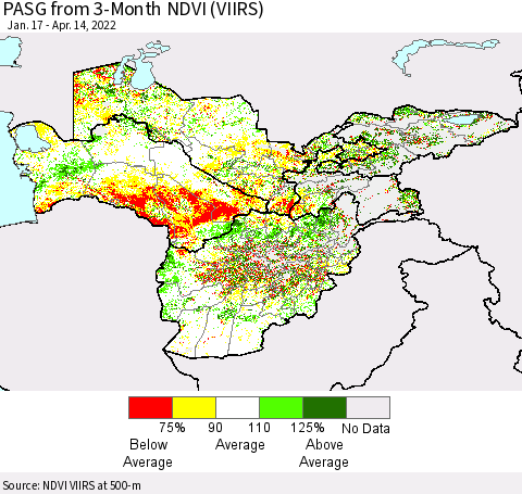 Central Asia PASG from 3-Month NDVI (VIIRS) Thematic Map For 4/7/2022 - 4/14/2022