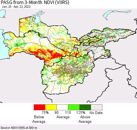 Central Asia PASG from 3-Month NDVI (VIIRS) Thematic Map For 4/15/2022 - 4/22/2022