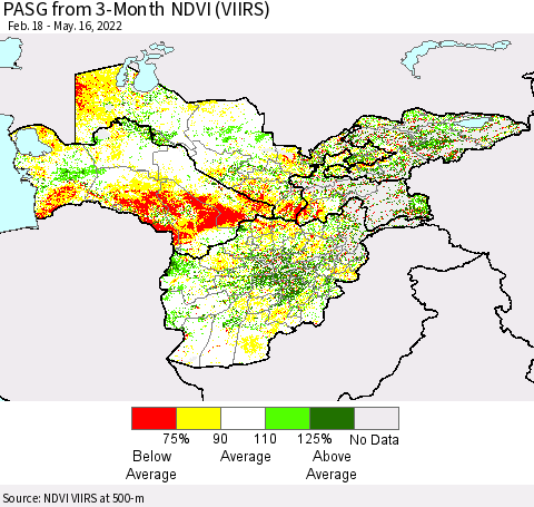 Central Asia PASG from 3-Month NDVI (VIIRS) Thematic Map For 5/9/2022 - 5/16/2022
