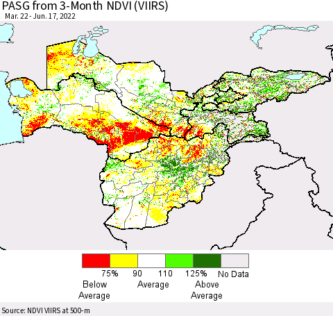 Central Asia PASG from 3-Month NDVI (VIIRS) Thematic Map For 6/10/2022 - 6/17/2022
