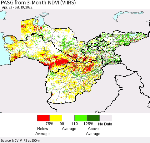 Central Asia PASG from 3-Month NDVI (VIIRS) Thematic Map For 7/12/2022 - 7/19/2022
