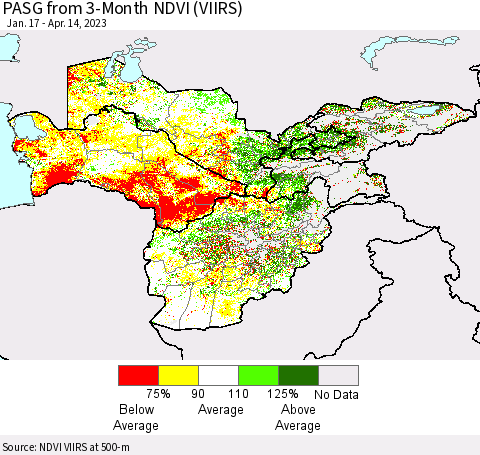Central Asia PASG from 3-Month NDVI (VIIRS) Thematic Map For 4/7/2023 - 4/14/2023