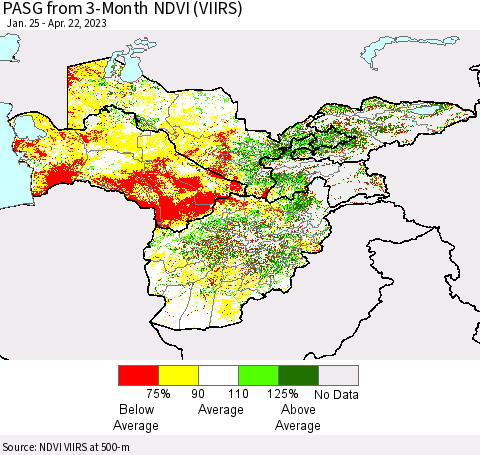 Central Asia PASG from 3-Month NDVI (VIIRS) Thematic Map For 4/15/2023 - 4/22/2023