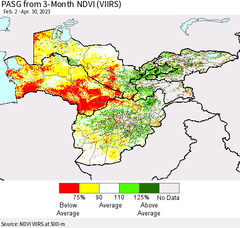 Central Asia PASG from 3-Month NDVI (VIIRS) Thematic Map For 4/23/2023 - 4/30/2023
