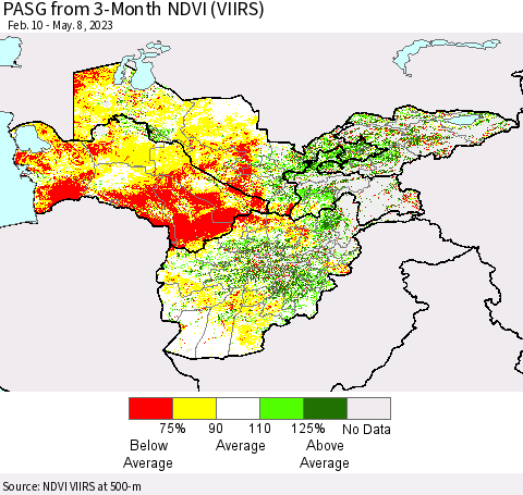 Central Asia PASG from 3-Month NDVI (VIIRS) Thematic Map For 5/1/2023 - 5/8/2023