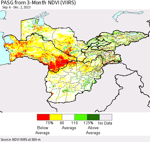 Central Asia PASG from 3-Month NDVI (VIIRS) Thematic Map For 11/25/2023 - 12/2/2023