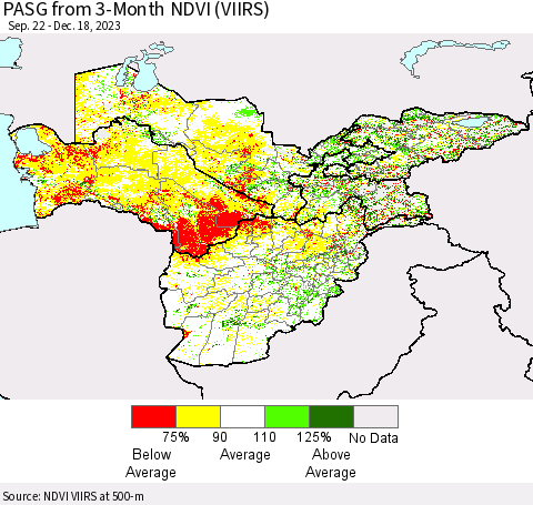 Central Asia PASG from 3-Month NDVI (VIIRS) Thematic Map For 12/11/2023 - 12/18/2023