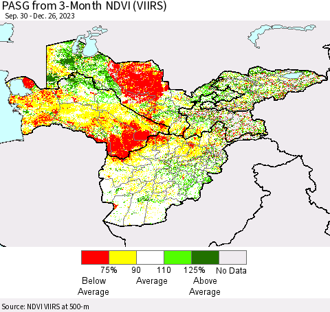 Central Asia PASG from 3-Month NDVI (VIIRS) Thematic Map For 12/19/2023 - 12/26/2023