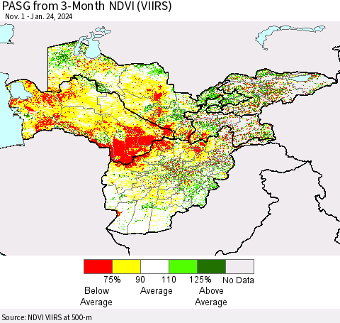 Central Asia PASG from 3-Month NDVI (VIIRS) Thematic Map For 1/17/2024 - 1/24/2024