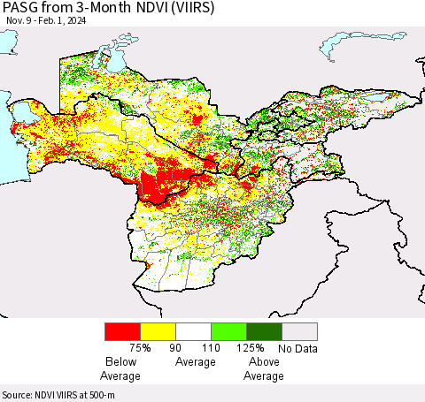 Central Asia PASG from 3-Month NDVI (VIIRS) Thematic Map For 1/25/2024 - 2/1/2024