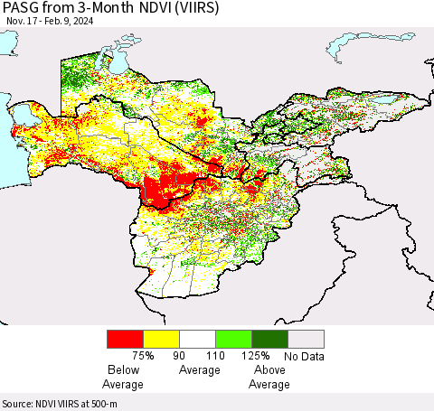 Central Asia PASG from 3-Month NDVI (VIIRS) Thematic Map For 2/2/2024 - 2/9/2024