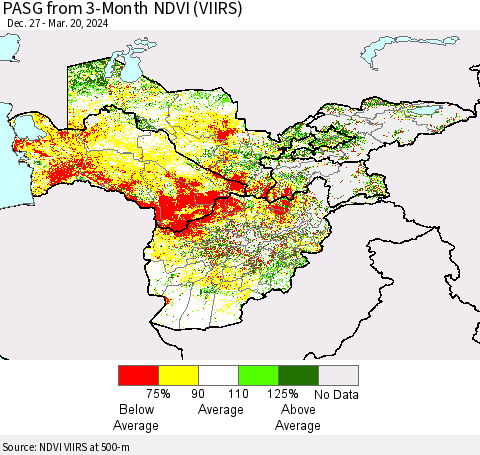 Central Asia PASG from 3-Month NDVI (VIIRS) Thematic Map For 3/13/2024 - 3/20/2024