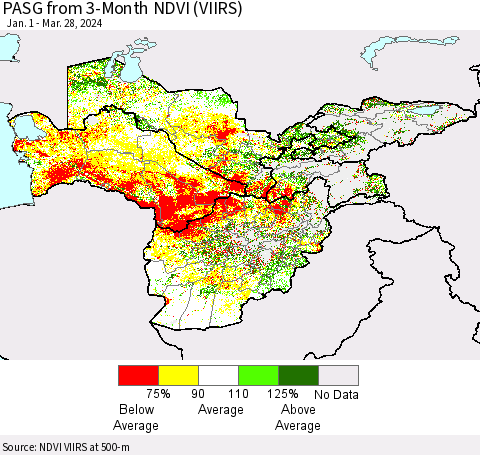 Central Asia PASG from 3-Month NDVI (VIIRS) Thematic Map For 3/21/2024 - 3/28/2024