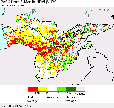 Central Asia PASG from 3-Month NDVI (VIIRS) Thematic Map For 4/6/2024 - 4/13/2024
