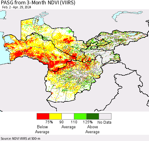 Central Asia PASG from 3-Month NDVI (VIIRS) Thematic Map For 4/22/2024 - 4/29/2024