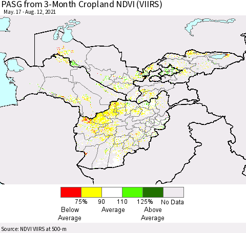 Central Asia PASG from 3-Month Cropland NDVI (VIIRS) Thematic Map For 8/5/2021 - 8/12/2021