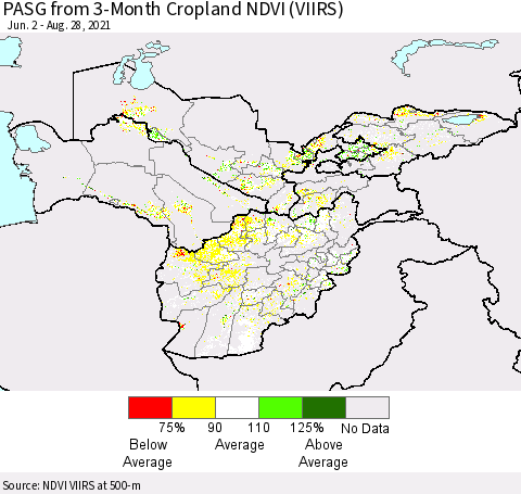 Central Asia PASG from 3-Month Cropland NDVI (VIIRS) Thematic Map For 8/21/2021 - 8/28/2021