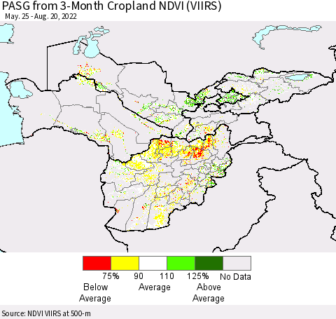 Central Asia PASG from 3-Month Cropland NDVI (VIIRS) Thematic Map For 8/13/2022 - 8/20/2022