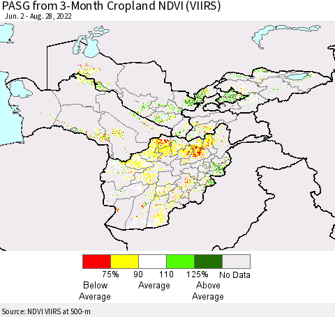 Central Asia PASG from 3-Month Cropland NDVI (VIIRS) Thematic Map For 8/21/2022 - 8/28/2022
