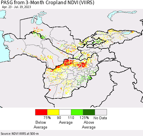 Central Asia PASG from 3-Month Cropland NDVI (VIIRS) Thematic Map For 7/12/2023 - 7/19/2023
