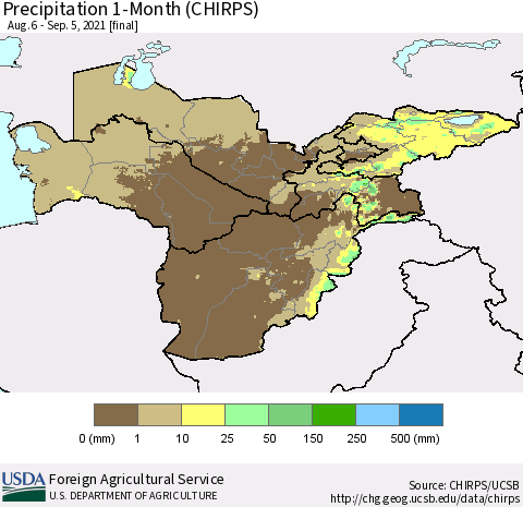 Central Asia Precipitation 1-Month (CHIRPS) Thematic Map For 8/6/2021 - 9/5/2021