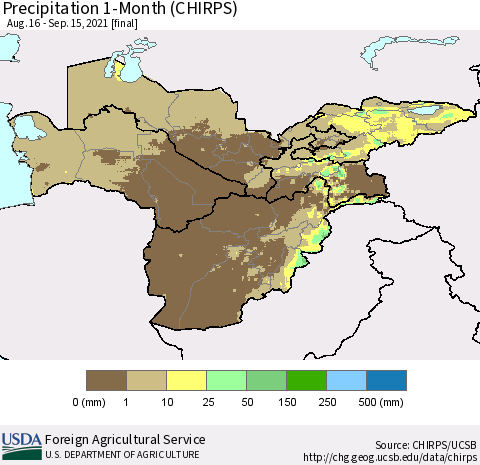 Central Asia Precipitation 1-Month (CHIRPS) Thematic Map For 8/16/2021 - 9/15/2021