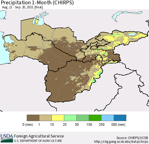 Central Asia Precipitation 1-Month (CHIRPS) Thematic Map For 8/21/2021 - 9/20/2021