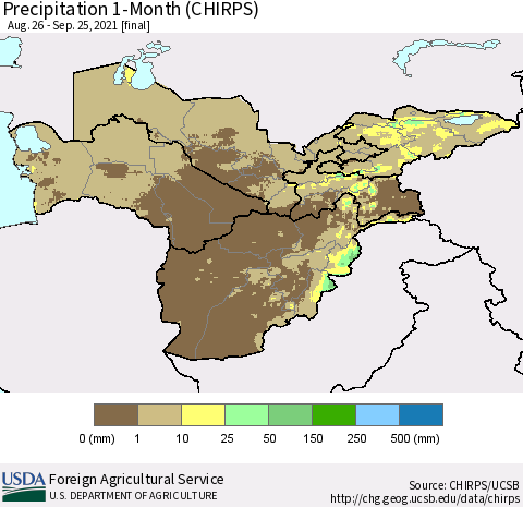 Central Asia Precipitation 1-Month (CHIRPS) Thematic Map For 8/26/2021 - 9/25/2021