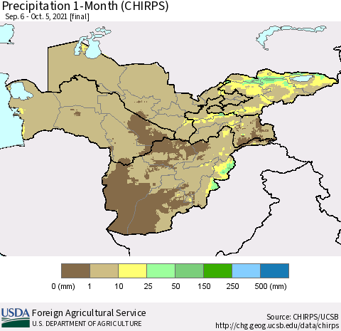 Central Asia Precipitation 1-Month (CHIRPS) Thematic Map For 9/6/2021 - 10/5/2021