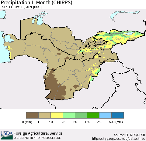 Central Asia Precipitation 1-Month (CHIRPS) Thematic Map For 9/11/2021 - 10/10/2021