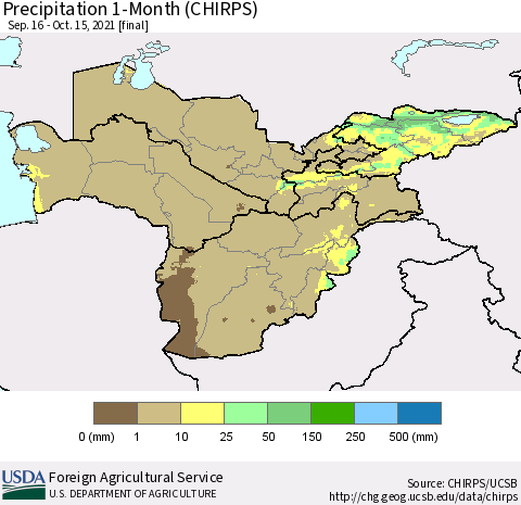 Central Asia Precipitation 1-Month (CHIRPS) Thematic Map For 9/16/2021 - 10/15/2021