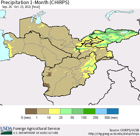 Central Asia Precipitation 1-Month (CHIRPS) Thematic Map For 9/26/2021 - 10/25/2021