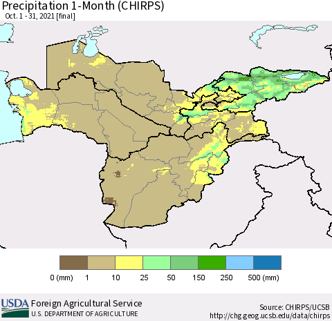 Central Asia Precipitation 1-Month (CHIRPS) Thematic Map For 10/1/2021 - 10/31/2021