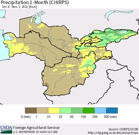 Central Asia Precipitation 1-Month (CHIRPS) Thematic Map For 10/6/2021 - 11/5/2021