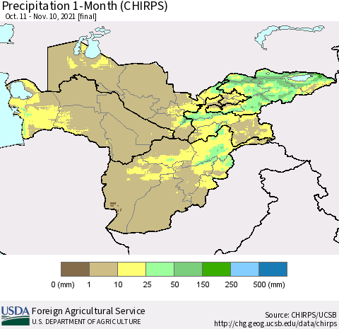 Central Asia Precipitation 1-Month (CHIRPS) Thematic Map For 10/11/2021 - 11/10/2021