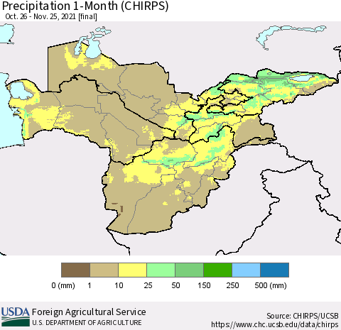 Central Asia Precipitation 1-Month (CHIRPS) Thematic Map For 10/26/2021 - 11/25/2021