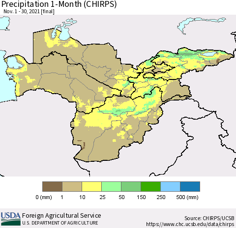 Central Asia Precipitation 1-Month (CHIRPS) Thematic Map For 11/1/2021 - 11/30/2021