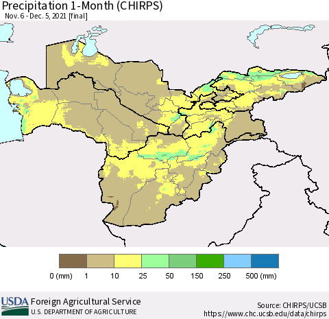 Central Asia Precipitation 1-Month (CHIRPS) Thematic Map For 11/6/2021 - 12/5/2021