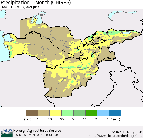 Central Asia Precipitation 1-Month (CHIRPS) Thematic Map For 11/11/2021 - 12/10/2021
