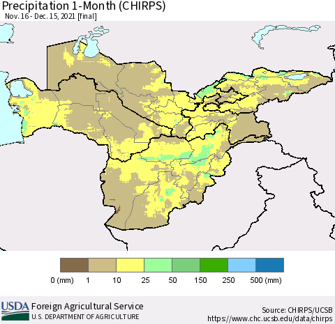 Central Asia Precipitation 1-Month (CHIRPS) Thematic Map For 11/16/2021 - 12/15/2021