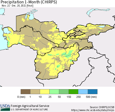 Central Asia Precipitation 1-Month (CHIRPS) Thematic Map For 11/21/2021 - 12/20/2021
