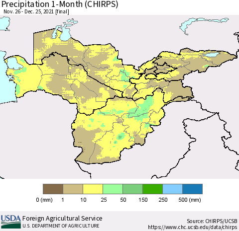 Central Asia Precipitation 1-Month (CHIRPS) Thematic Map For 11/26/2021 - 12/25/2021