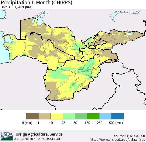 Central Asia Precipitation 1-Month (CHIRPS) Thematic Map For 12/1/2021 - 12/31/2021