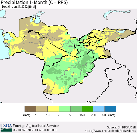 Central Asia Precipitation 1-Month (CHIRPS) Thematic Map For 12/6/2021 - 1/5/2022