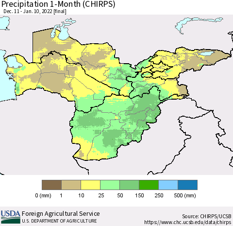 Central Asia Precipitation 1-Month (CHIRPS) Thematic Map For 12/11/2021 - 1/10/2022