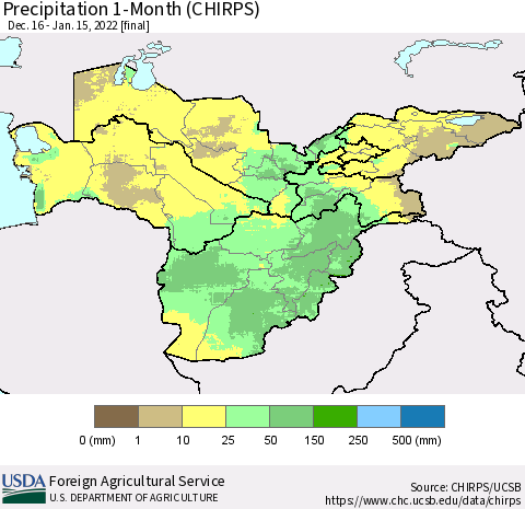Central Asia Precipitation 1-Month (CHIRPS) Thematic Map For 12/16/2021 - 1/15/2022